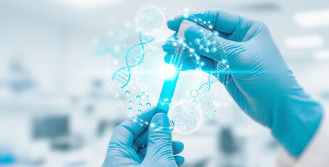 Hands in gloves hold test tube with abstract light effects in laboratory, perfect for pharmaceutical product branding, futuristic medical concepts, or science visual design.