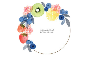 Set of summer fruits watercolor art pattern frame background. Sweet kiwi, blueberry and lemon in frame.Summer fruits pattern. Fruit berry background. Watercolor fruit texture