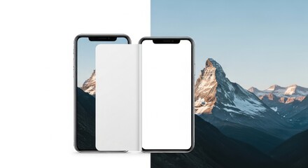 Modern smartphone mockup showcasing stunning mountain landscape wallpaper on screen for digital design presentations