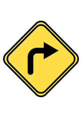Right turn ahead sign.
Sharp curve warning signal.
Road sign: turn right. 
