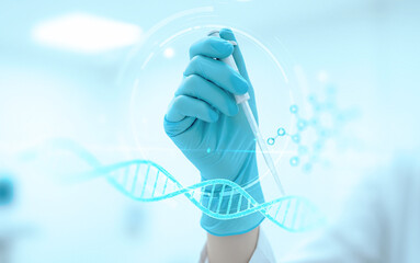 Hand in glove using tablet with digital interface in bright laboratory setting. great for genetic engineering visuals, biotechnology mockups, or futuristic science communication