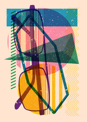Risograph Glasses with geometric shapes. Objects in trendy riso graph print texture style design with geometry elements.