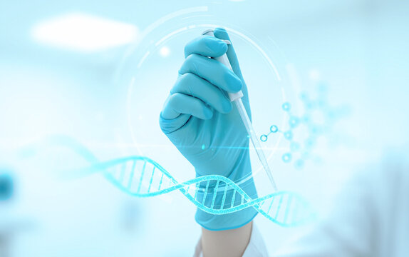 Hand in glove using tablet with digital interface in bright laboratory setting. great for genetic engineering visuals, biotechnology mockups, or futuristic science communication - Powered by Adobe