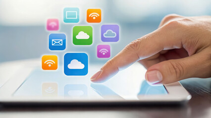 A finger interacts with a digital tablet displaying colorful cloud and communication icons symbolizing connectivity and cloud computing.