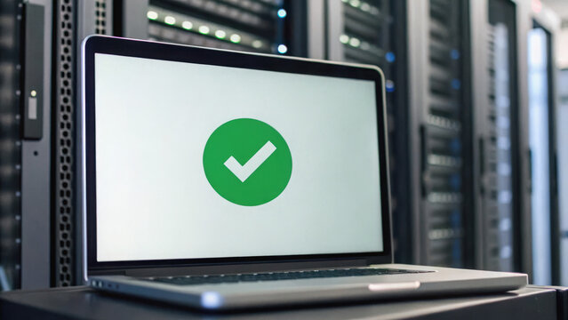 A laptop displaying a green checkmark on its screen, positioned in front of server racks in a data center or server room.