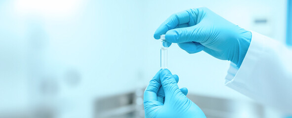 Hands in blue gloves hold a thin object in a laboratory setting. Suitable for future science mockups, digital research branding, or clean biotech UI overlays in high-tech visual