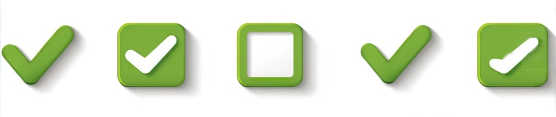 Five 3D checkmarks and one empty square; two green checkmarks, two green squares with white checkmarks, and one empty green square