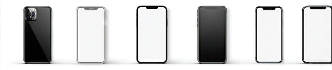 Five sleek smartphones in black and white, shown from various angles, showcasing different screen displays and back designs; some are blank, others feature a camera array
