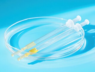 Transparent petri dish with two liquid-filled pipettes