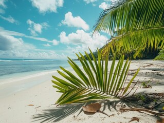 Tropical beach scene with palm fronds