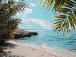 Tropical beach scene with palm trees framing a tranquil shoreline