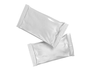 Fototapeta premium 3D Realistic blank plastic bag snack packaging mockup isolated. Bag product containers for presentation branding snack, food pouch, potato chip, chocolate, candy, Ice cream wrapper, tissue, wet wipes