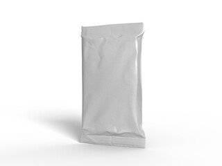 3D Realistic blank plastic bag snack packaging mockup isolated. Bag product containers for presentation branding snack, food pouch, potato chip, chocolate, candy, Ice cream wrapper, tissue, wet wipes