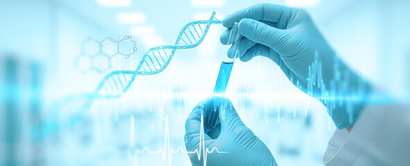 Gloved hands hold test tube with dna strand in a laboratory setting. Suitable for healthcare product branding, clean biotechnology mockups, or advanced medical research
