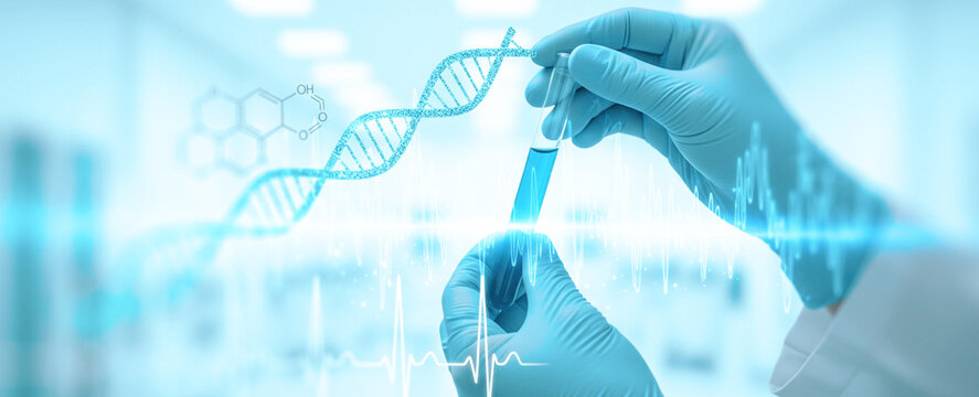 Gloved hands hold test tube with dna strand in a laboratory setting. Suitable for healthcare product branding, clean biotechnology mockups, or advanced medical research