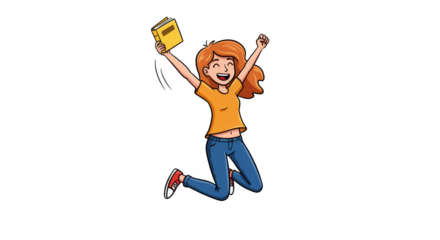 Cheerful Cartoon Illustration of Woman Jumping with Joy in Transparent Background