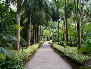 Tropical garden path lined with lush greenery