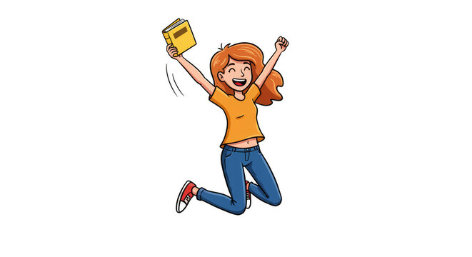 Cheerful Cartoon Illustration of Woman Jumping with Joy in Transparent Background