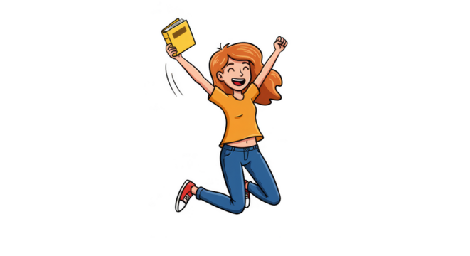 Cheerful Cartoon Illustration of Woman Jumping with Joy in Transparent Background