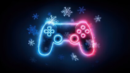 Glowing neon gamepad encircled by snowflakes on a dark background; a festive winter gaming theme