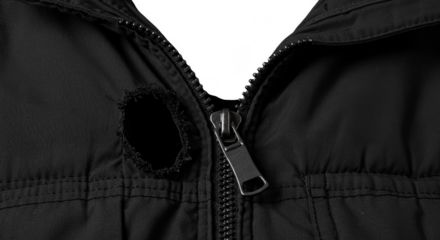 Close up Black Zipper Detail on Jacket Clothing Accessory Isolated