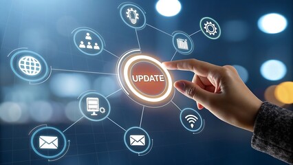 Human finger presses the word update on a glowing digital interface connecting various technology and business icons