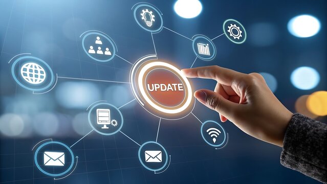 Human finger presses the word update on a glowing digital interface connecting various technology and business icons