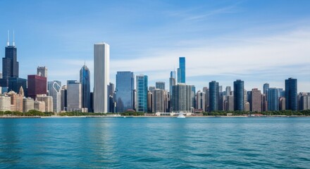 Naklejka premium A vast expanse of shimmering blue water stretches towards a vibrant cityscape under a clear sky on a bright sunny day