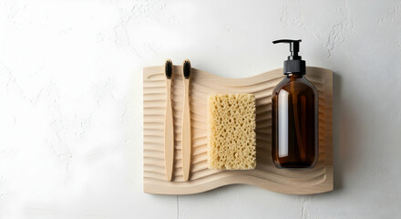 Eco-Friendly: Minimalist Zero Waste Self Care Kit with Bamboo Toothbrushes, Sponge and Glass Bottle, Top View