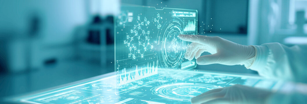 Hands in lab coat interact with glowing molecular structure in laboratory setting. Perfect for digital medical presentations, health tech branding, or pharmaceutical product