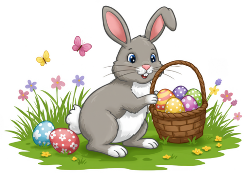 Cute Cartoon Easter Bunny Illustration with Basket of Decorated Eggs - Powered by Adobe