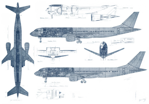 Blue Detailed Illustration of Airplanes Aircrafts Jet on White Background