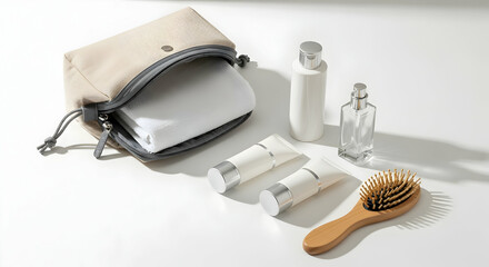 Minimalist Zero Waste Self Care Kit with reusable containers and wooden brush on bright background. Eco-friendly lifestyle concept.