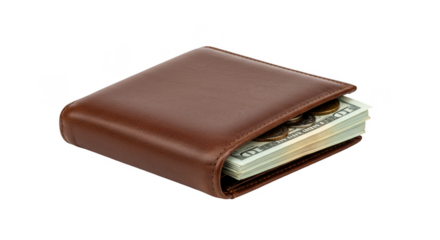 Brown Leather Wallet Overflowing with Cards on Transparent Background