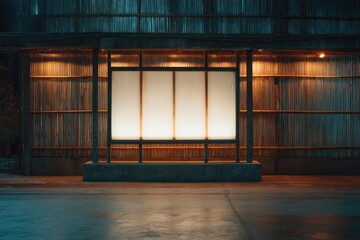 Illuminated, blank, three-paneled sign set in a rustic, wooden, nighttime storefront with concrete base and dark ground