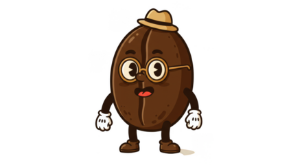 Cartoon Coffee Bean Character Illustration with Hat and Glasses Design