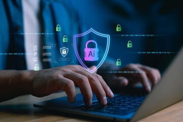 AI cybersecurity protection concept with shield icon and secure data interface. Suitable for illustrating smart data security, AI-driven threat detection and modern digital privacy solutions.