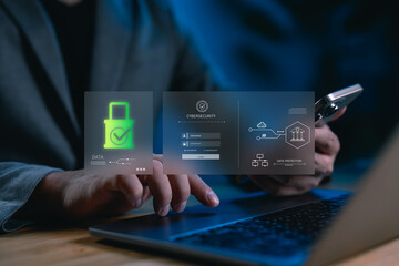 Cybersecurity dashboard interface showing data protection, secure login, and network architecture. Ideal for illustrating digital security systems, privacy controls, UI design for secure platforms.