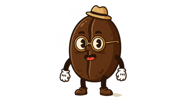 Cartoon Coffee Bean Character Illustration with Hat and Glasses Design