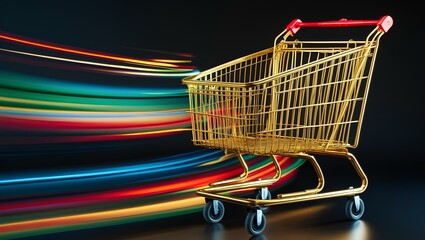The glowing golden cart captures the thrill of online shopping in a vivid, imaginative way.