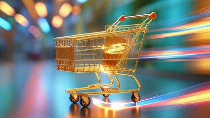 A golden shopping cart zooms through the scene with colorful motion blur and a glowing aura.