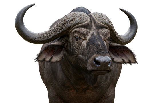 Close-up Portrait of Majestic Cape Buffalo with Strong Horns Animal Isolated