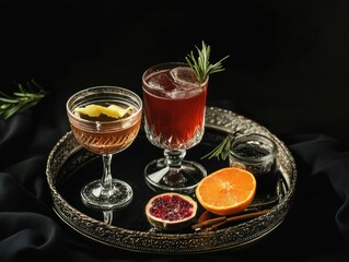 Two elegant cocktails on a tray