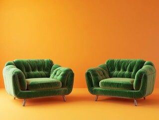 Two emerald green armchairs against an orange background