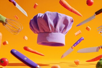 Levitation of a lavender chef's hat amidst falling carrots, knives, and other kitchen tools against a vibrant orange backdrop