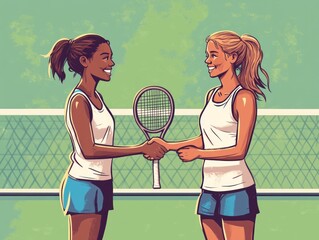 Two female tennis players shaking hands after a match