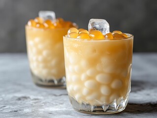 Two glasses of chilled, creamy, tapioca pearl drink with ice