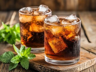 Two glasses of iced cola with mint