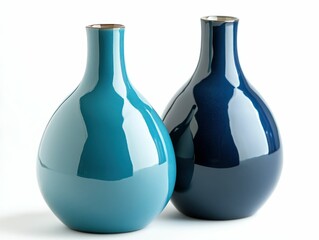 Two glossy, round-bodied vases in teal and navy