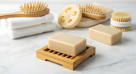 Eco-Friendly Zero Waste Self Care Kit with Soap, Brushes and Towels on White Marble Background
